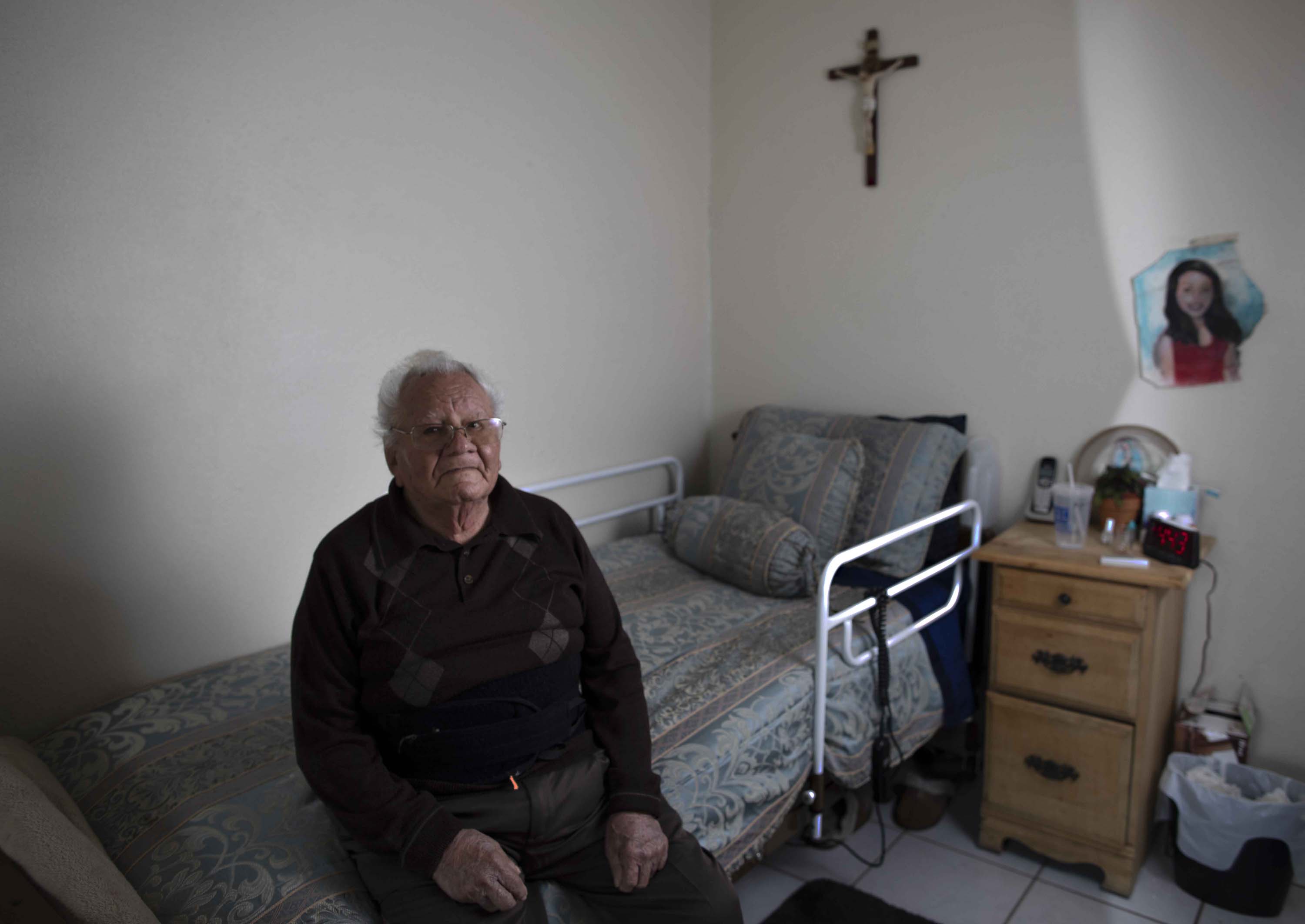 Francisco Rios, 91, has his own room at his daughter’s house in Pomona.