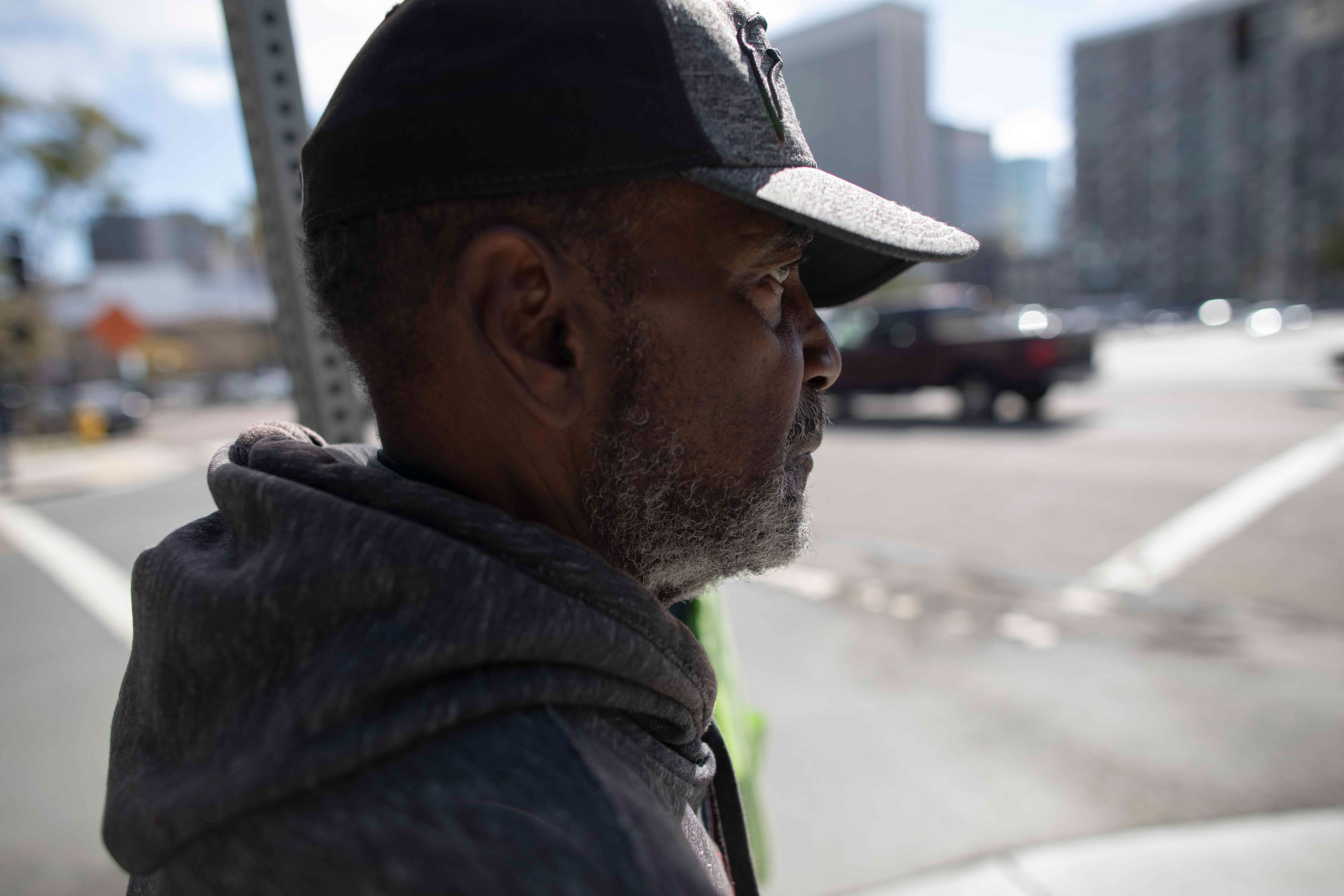 Carl Russell, 71, pictured in downtown San Diego near the Gary and Mary West Senior Well Center, where he spends much of his time. He is one of a growing number of homeless seniors in California.